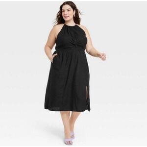 Ava & Viv Womens 2X Black Linen Blend Halter Twist Front Midi Dress with Pockets